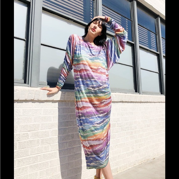MISSONI 80S MULTICOLOR SILK JERSEY RUCHED SLEEVE DRESS - Picture 7 of 7